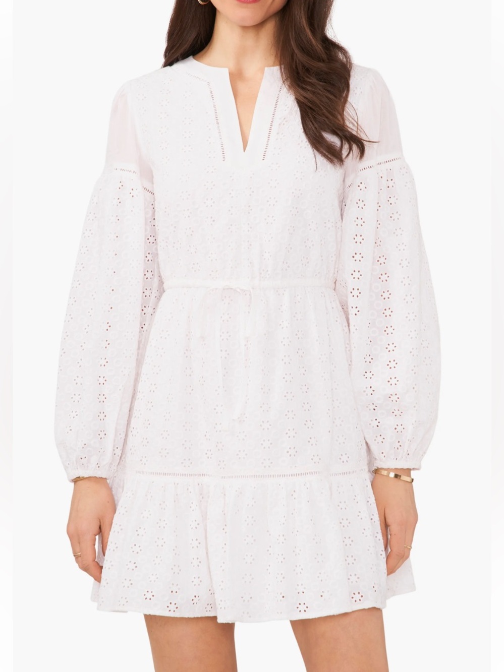 1State Eyelet Mini Dress with long Sleeves Tie Waist Lined - White NWOT